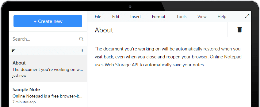 Tinseo Online Notepad Screenshot